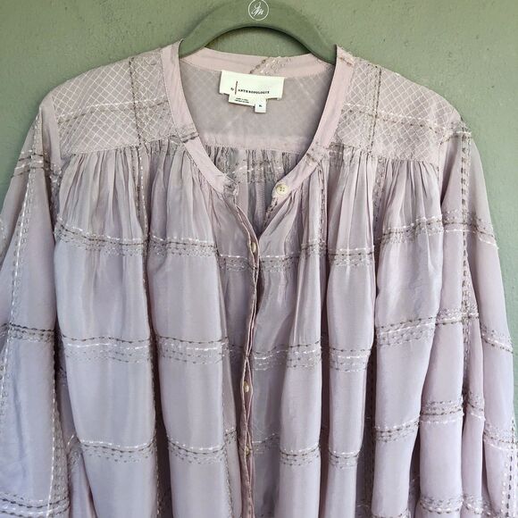 Anthropologie Sarabeth Embroidered Peasant Button Blouse XL Pink Oversized Boho - Picture 5 of 15